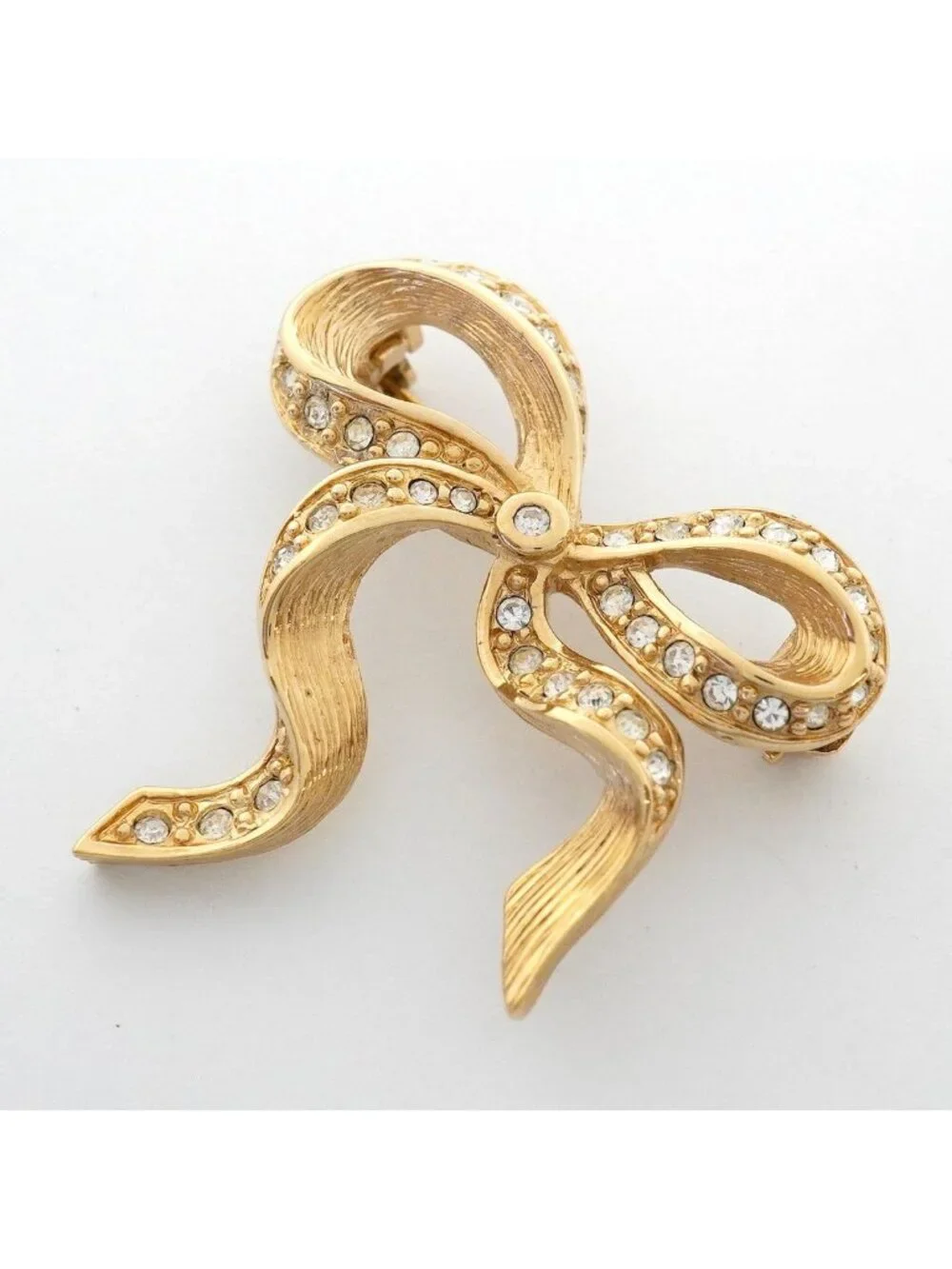 Dior Brooch Ribbon Motif Gold Plated Rhinestone